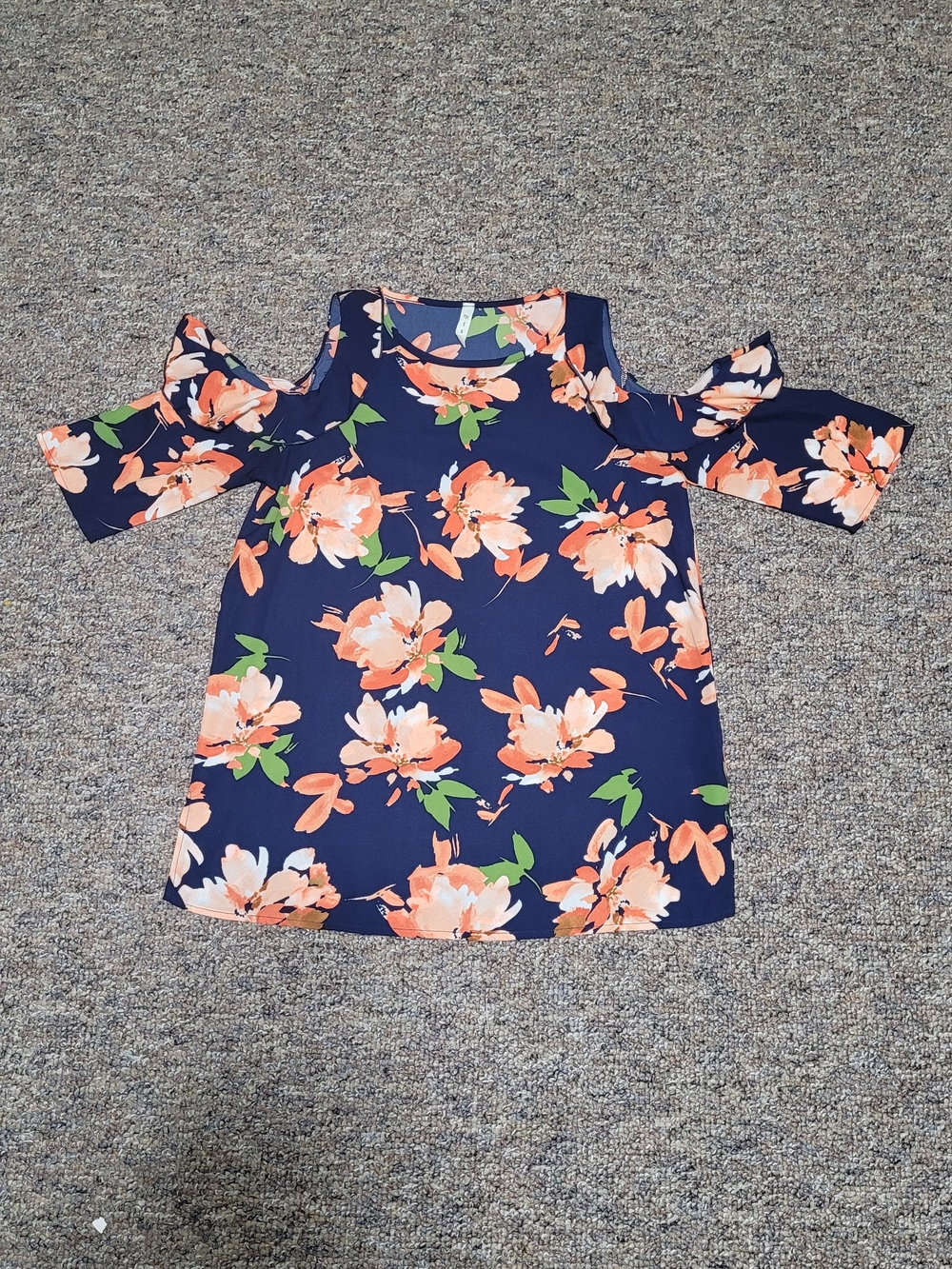 mts Navy Cold-Shoulder Loose Floral Flowy Dressy Blouse with Ruffles Size S